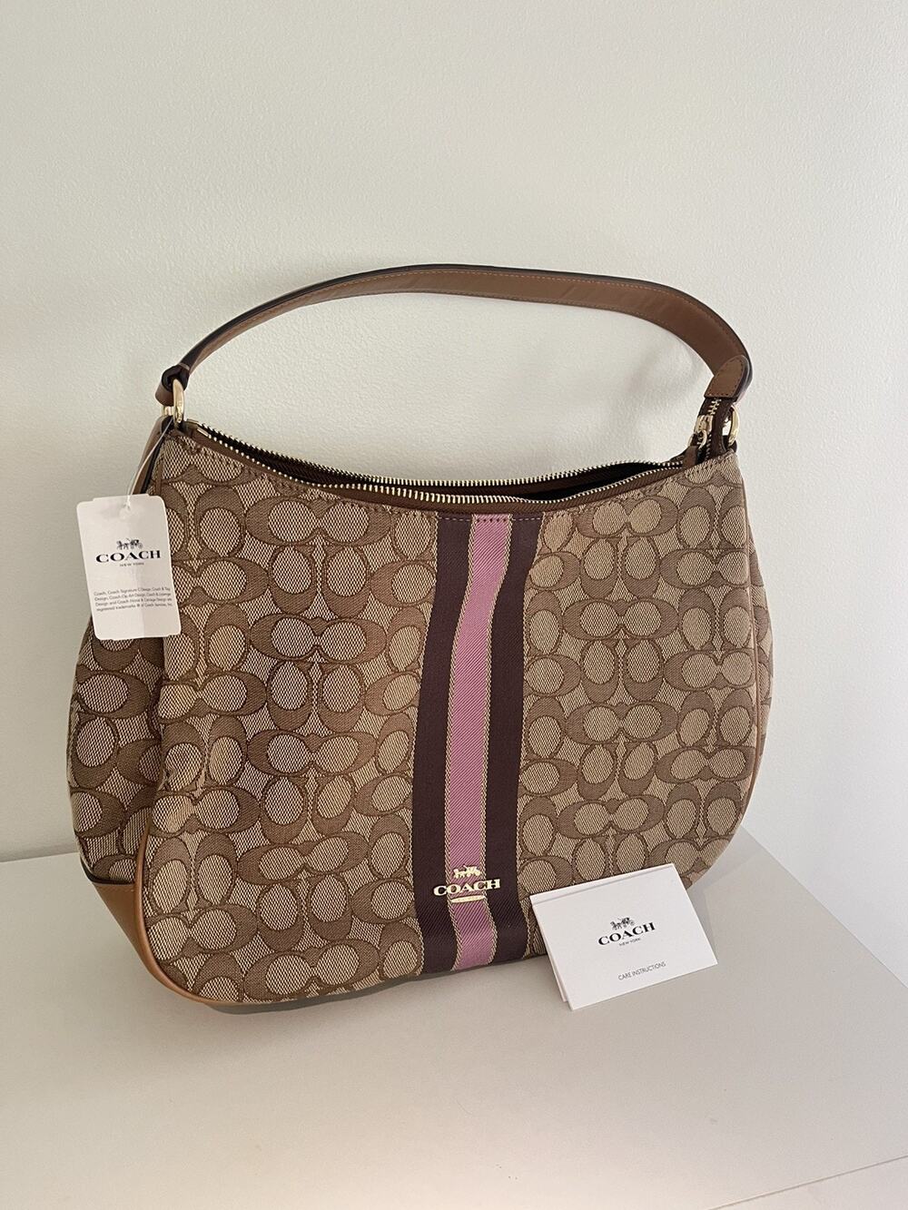 NWT Authentic COACH 39042 Signature Jacquard Stripe Hobo Shoulder Bag TAN BROWN